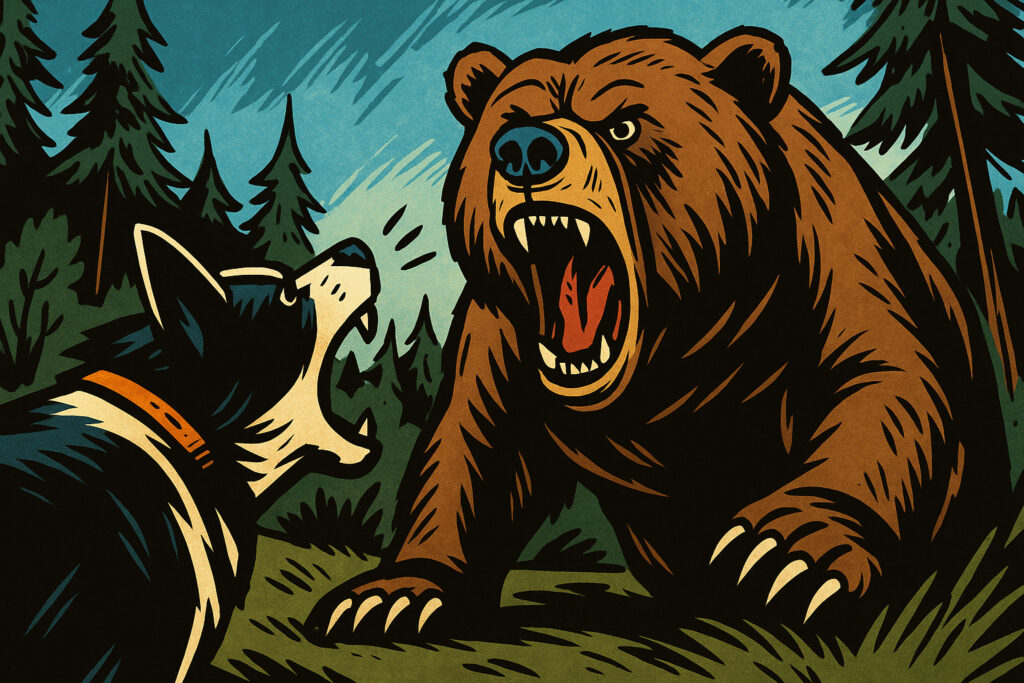 クマに吠えかかるカレリアン・ベア・ドッグ